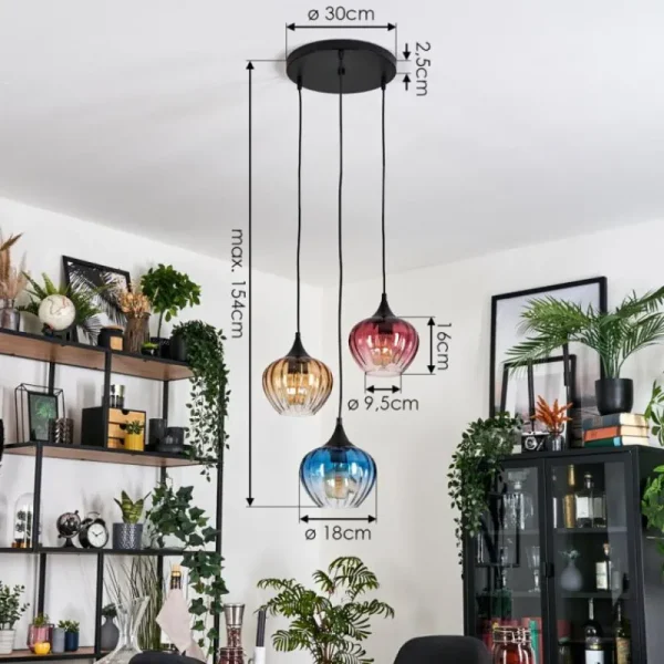 hofstein Ballebro Suspension, Suspension Noir, 3 lumières* Lampes En Verre