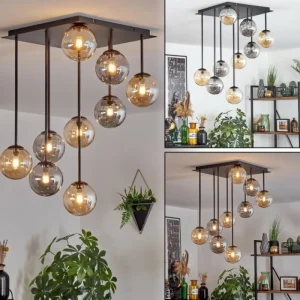 hofstein Chehalis Plafonnier, Boule lumineuse Ambre, Fumé, 9 lumières* Lampes Modernes