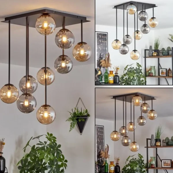 hofstein Chehalis Plafonnier, Boule lumineuse Ambre, Fumé, 9 lumières* Lampes Modernes