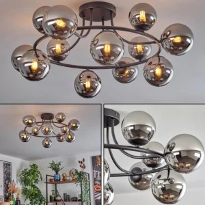 hofstein Chehalis Plafonnier, Boule lumineuse 76 cm Chrome, Fumé, 12 lumières* Lampes Modernes