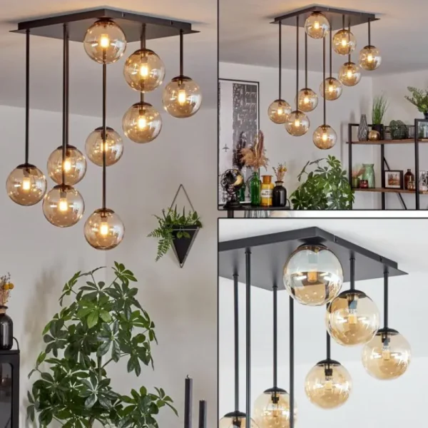 hofstein Chehalis Plafonnier, Boule lumineuse Ambre, 9 lumières* Lampes En Verre