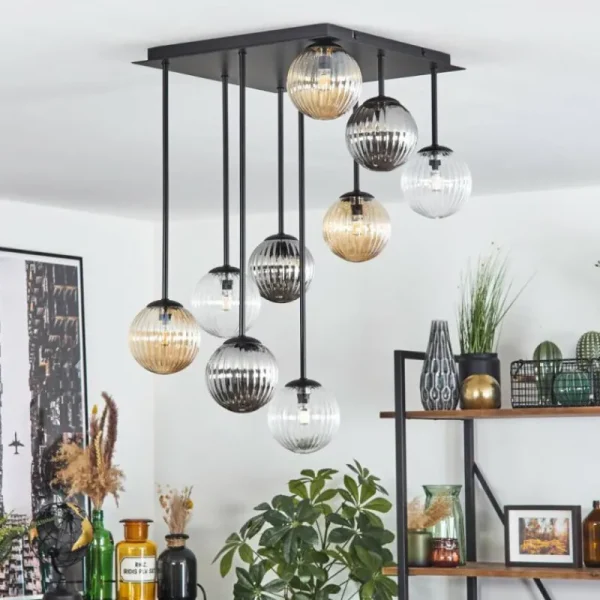 hofstein Chehalis Plafonnier, Boule lumineuse Ambre, Clair, Fumé, 9 lumières* Lampes Modernes