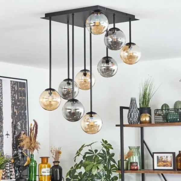 hofstein Chehalis Plafonnier, Boule lumineuse Ambre, Fumé, 9 lumières* Lampes Modernes