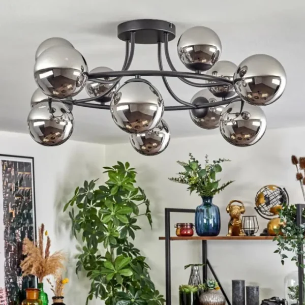 hofstein Chehalis Plafonnier, Boule lumineuse 76 cm Chrome, Fumé, 12 lumières* Lampes Modernes