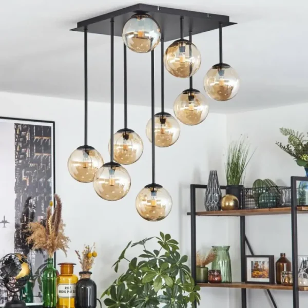 hofstein Chehalis Plafonnier, Boule lumineuse Ambre, 9 lumières* Lampes En Verre
