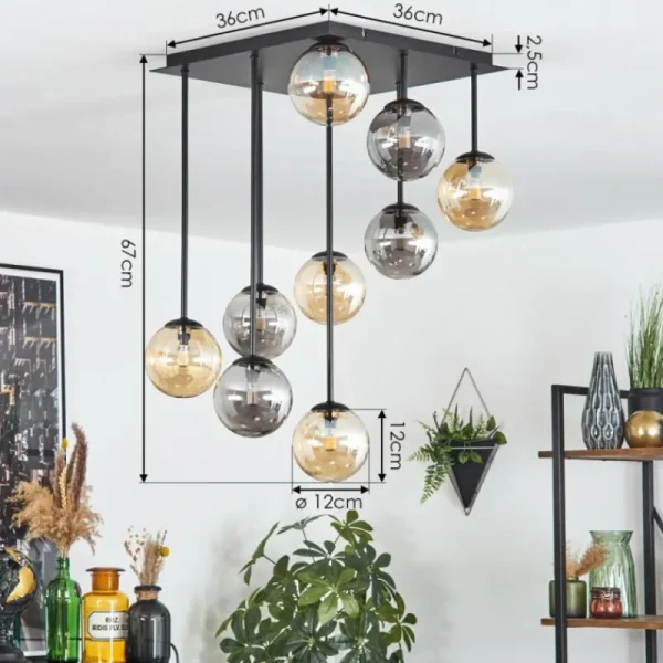 hofstein Chehalis Plafonnier, Boule lumineuse Ambre, Fumé, 9 lumières* Lampes Modernes