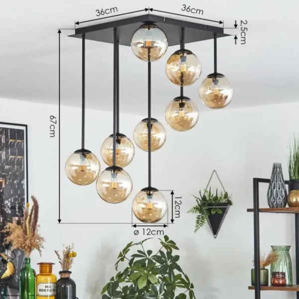 hofstein Chehalis Plafonnier, Boule lumineuse Ambre, 9 lumières* Lampes En Verre