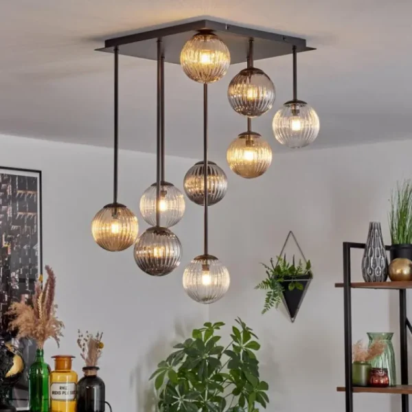 hofstein Chehalis Plafonnier, Boule lumineuse Ambre, Clair, Fumé, 9 lumières* Lampes Modernes