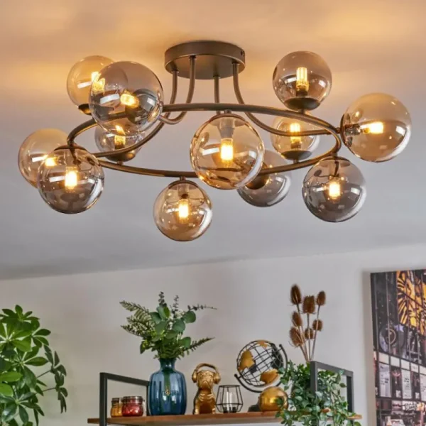 hofstein Chehalis Plafonnier, Boule lumineuse 76 cm Ambre, Fumé, 12 lumières* Lampes Modernes