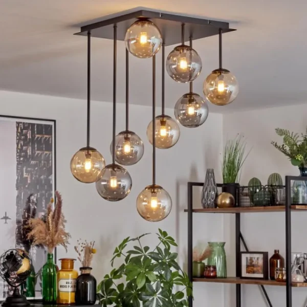 hofstein Chehalis Plafonnier, Boule lumineuse Ambre, Fumé, 9 lumières* Lampes Modernes