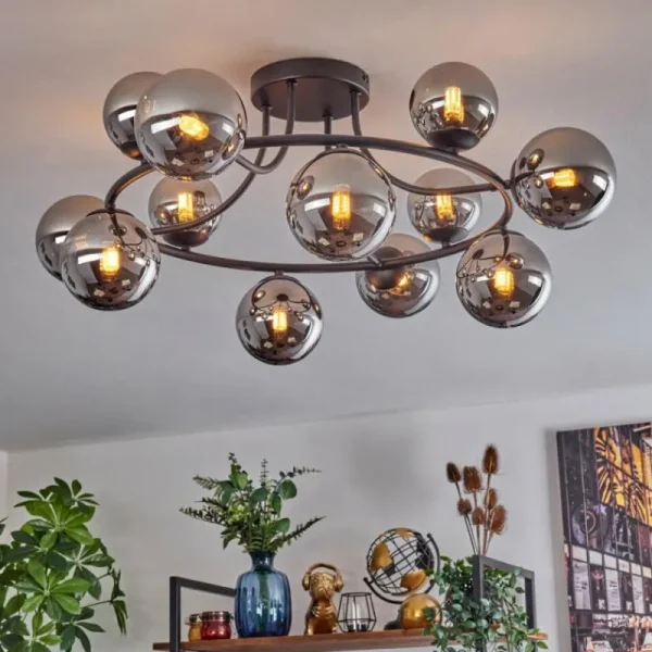 hofstein Chehalis Plafonnier, Boule lumineuse 76 cm Chrome, Fumé, 12 lumières* Lampes Modernes