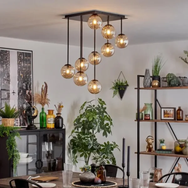 hofstein Chehalis Plafonnier, Boule lumineuse Ambre, 9 lumières* Lampes En Verre