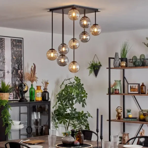hofstein Chehalis Plafonnier, Boule lumineuse Ambre, Fumé, 9 lumières* Lampes Modernes