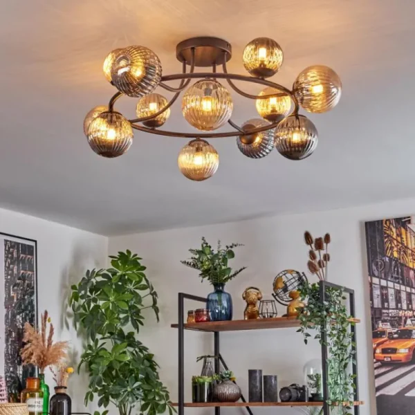 hofstein Chehalis Plafonnier, Boule lumineuse 76 cm Ambre, Fumé, 12 lumières* Lampes Modernes