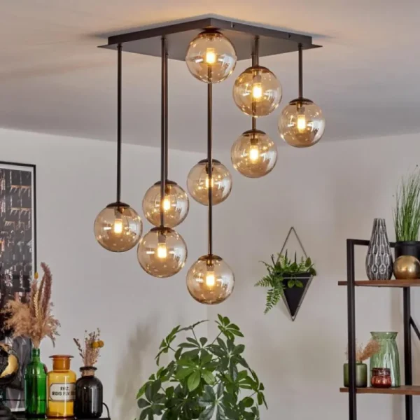 hofstein Chehalis Plafonnier, Boule lumineuse Ambre, 9 lumières* Lampes En Verre