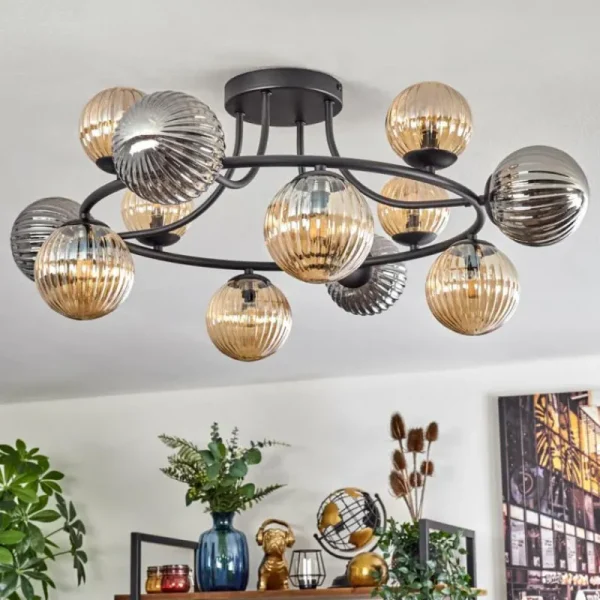 hofstein Chehalis Plafonnier, Boule lumineuse Ambre, Fumé, 12 lumières* Lampes Modernes