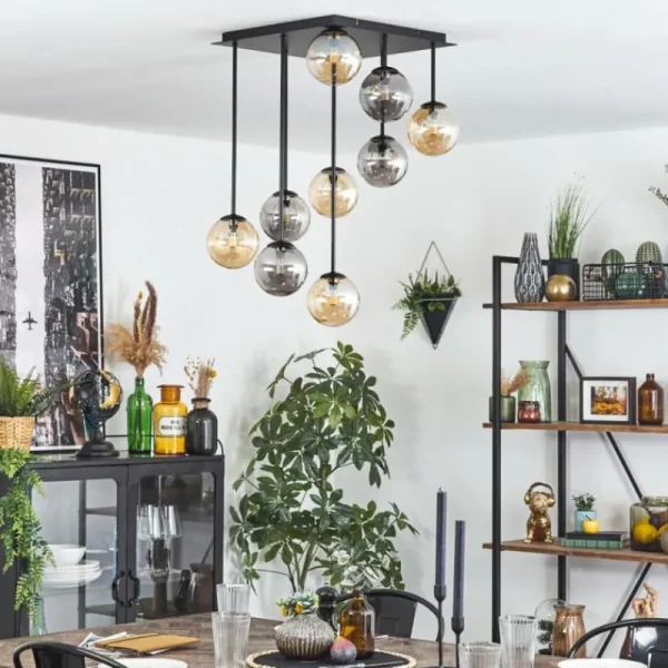 hofstein Chehalis Plafonnier, Boule lumineuse Ambre, Fumé, 9 lumières* Lampes Modernes