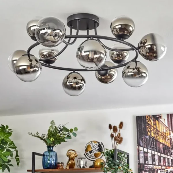 hofstein Chehalis Plafonnier, Boule lumineuse 76 cm Chrome, Clair, Fumé, 12 lumières* Lampes Modernes