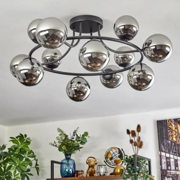 hofstein Chehalis Plafonnier, Boule lumineuse 76 cm Chrome, Fumé, 12 lumières* Lampes Modernes