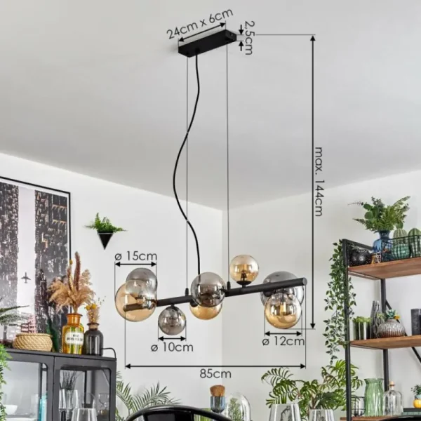 hofstein Chehalis Suspension, Boule lumineuse, Suspension Ambre, Fumé, 8 lumières* Lampes Modernes