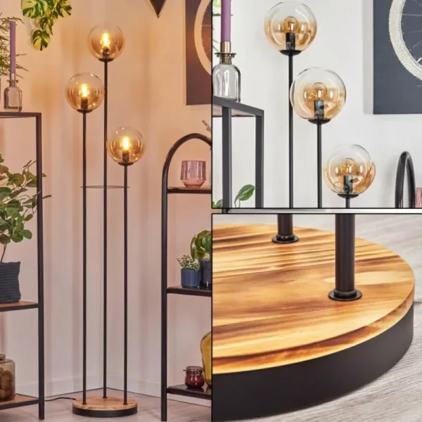 hofstein Gastor Lampadaire 30 cm Bois clair, Noir, 3 lumières* Lampes Modernes