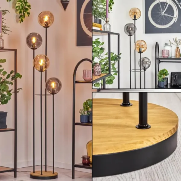 hofstein Gastor Lampadaire 30 cm Bois foncé, Noir, 4 lumières* Lampes Modernes
