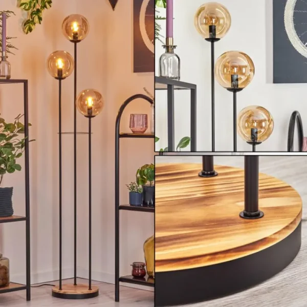 hofstein Gastor Lampadaire 30 cm Bois clair, Noir, 3 lumières* Lampes Modernes