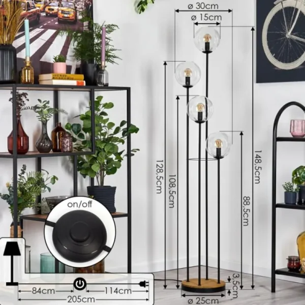hofstein Gastor Lampadaire 30 cm Bois foncé, Noir, 4 lumières* Lampes Modernes