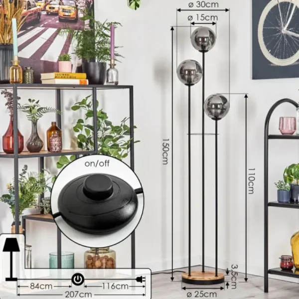 hofstein Gastor Lampadaire 25 cm Bois clair, Noir, 3 lumières* Lampes Modernes