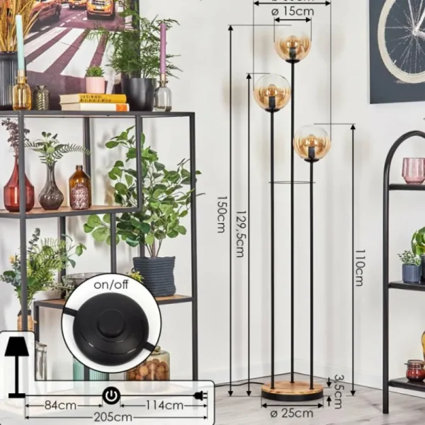 hofstein Gastor Lampadaire 30 cm Bois clair, Noir, 3 lumières* Lampes Modernes