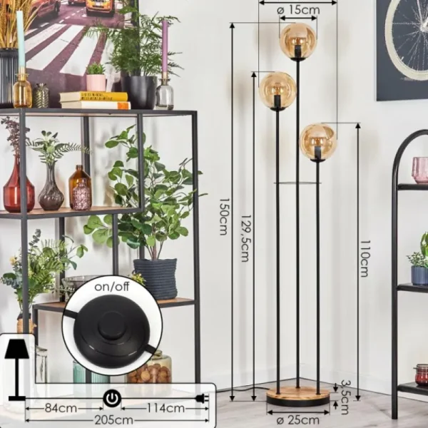 hofstein Gastor Lampadaire 30 cm Bois clair, Noir, 3 lumières* Lampes Modernes