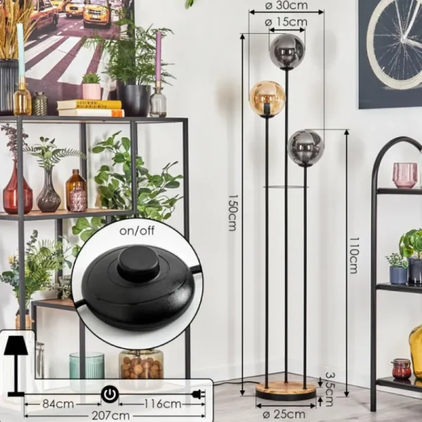 hofstein Gastor Lampadaire 25 cm Bois clair, Noir, 3 lumières* Lampes Modernes