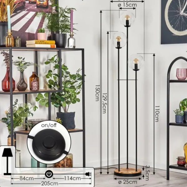 hofstein Gastor Lampadaire 30 cm Bois clair, Noir, 3 lumières* Lampes Modernes