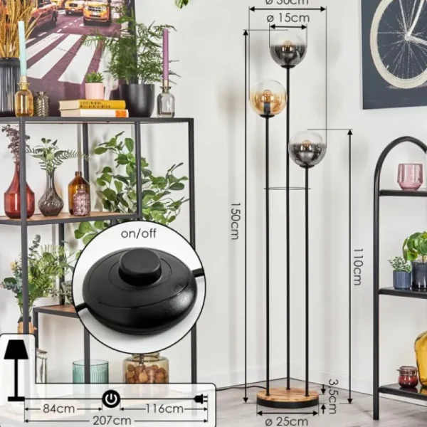 hofstein Gastor Lampadaire 25 cm Bois clair, Noir, 3 lumières* Lampes Modernes