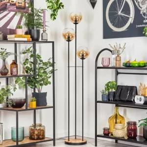 hofstein Gastor Lampadaire 30 cm Bois clair, Noir, 3 lumières* Lampes Modernes