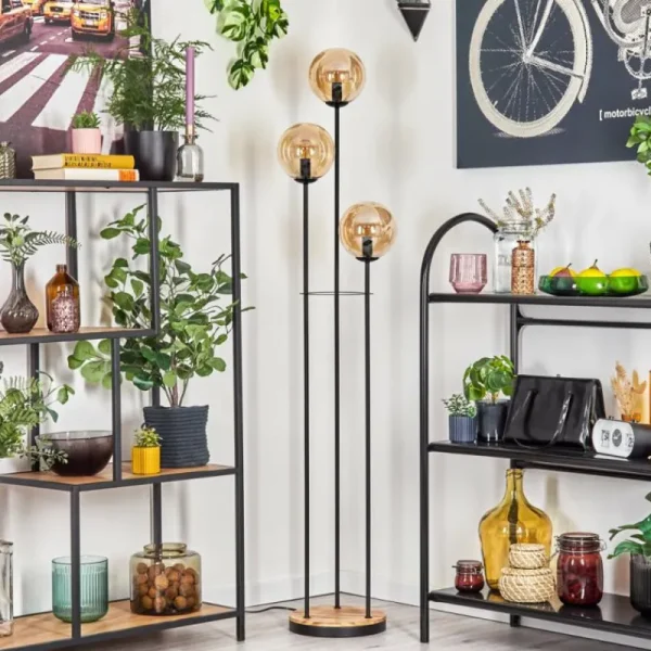 hofstein Gastor Lampadaire 30 cm Bois clair, Noir, 3 lumières* Lampes Modernes