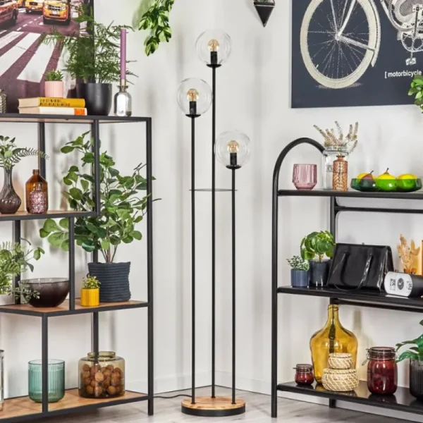 hofstein Gastor Lampadaire 30 cm Bois clair, Noir, 3 lumières* Lampes Modernes
