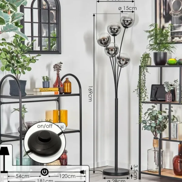 hofstein Gastor Lampadaire Chrome, Clair, Fumé, 5 lumières* Lampes Modernes