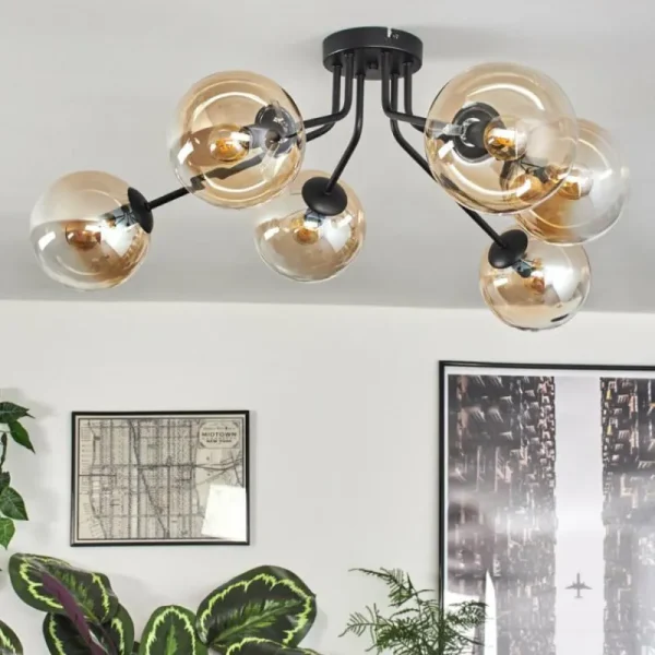hofstein Gastor Plafonnier 74 cm Ambre, 6 lumières* Lampes En Verre