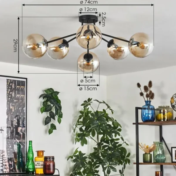 hofstein Gastor Plafonnier 74 cm Ambre, 6 lumières* Lampes En Verre