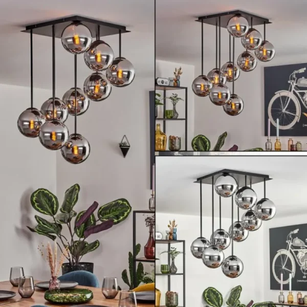 hofstein Gastor Plafonnier, Boule lumineuse Chrome, Fumé, 9 lumières* Lampes Modernes