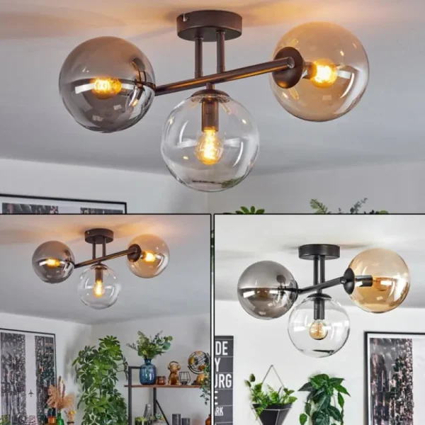 hofstein Gastor Plafonnier, Boule lumineuse Ambre, Clair, Fumé, 3 lumières* Lampes Modernes