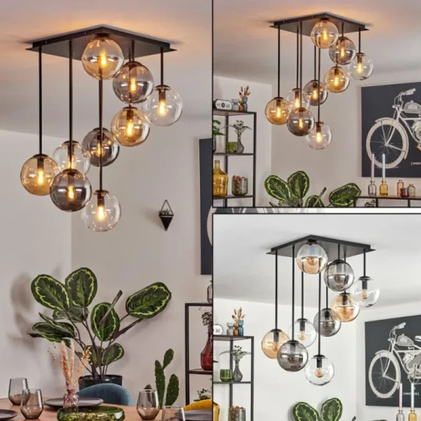 hofstein Gastor Plafonnier, Boule lumineuse Ambre, Clair, Fumé, 9 lumières* Lampes Modernes
