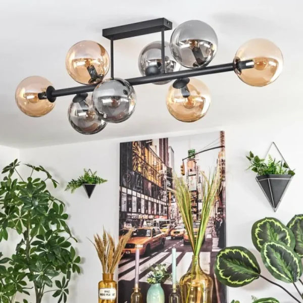 hofstein Gastor Plafonnier, Boule lumineuse Ambre, Fumé, 8 lumières* Lampes Modernes