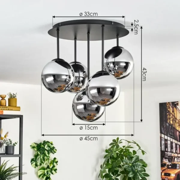 hofstein Gastor Plafonnier, Boule lumineuse 45 cm Chrome, Fumé, 5 lumières* Lampes Modernes