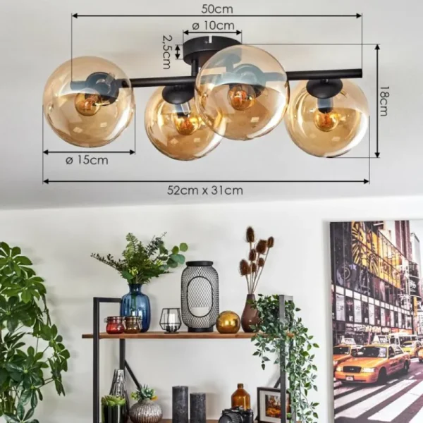 hofstein Gastor Plafonnier, Boule lumineuse Ambre, 4 lumières* Lampes En Verre