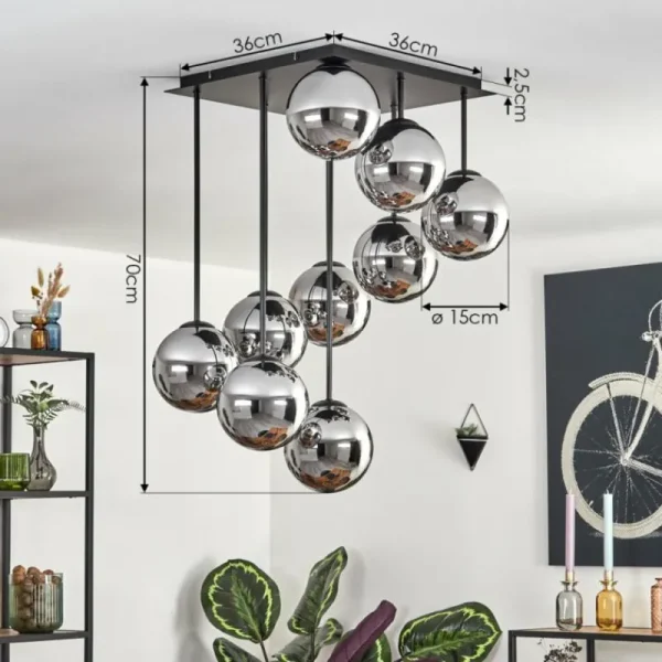 hofstein Gastor Plafonnier, Boule lumineuse Chrome, Fumé, 9 lumières* Lampes Modernes