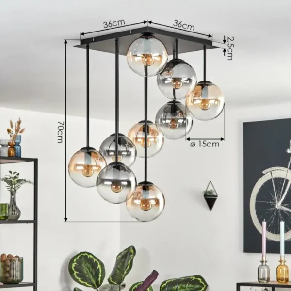 hofstein Gastor Plafonnier, Boule lumineuse Ambre, Clair, Fumé, 9 lumières* Lampes Modernes