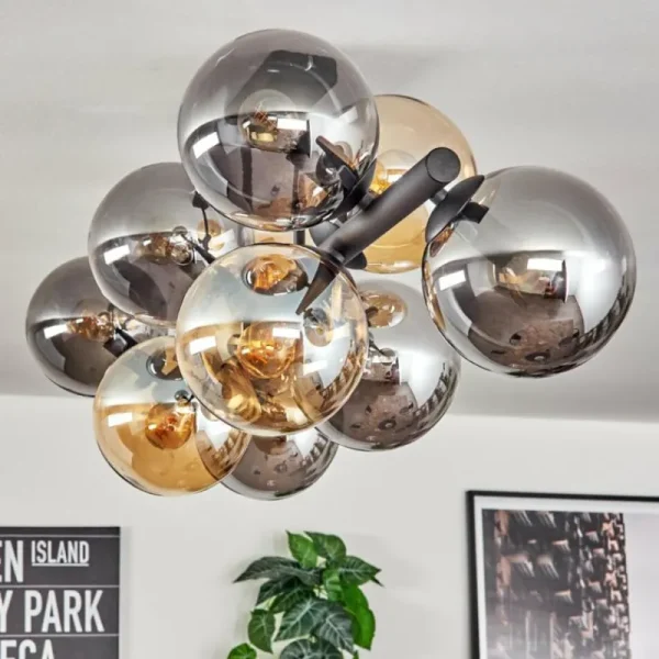 hofstein Gastor Plafonnier, Boule lumineuse Ambre, Fumé, 10 lumières* Lampes Modernes