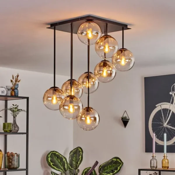 hofstein Gastor Plafonnier, Boule lumineuse Ambre, Clair, 9 lumières* Lampes En Verre